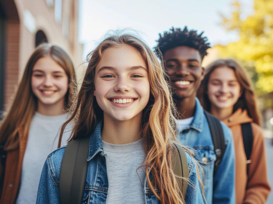 Services 4 Έφηβοι μαθητές χαμογελούν σε εξωτερικό χώρο, φορούν σακίδια και casual ρούχα, προβάλλοντας φιλία και θετική διάθεση.