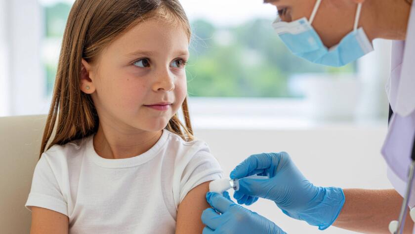 Νοσηλεύτρια με γάντια και μάσκα καθαρίζει το χέρι μικρού κοριτσιού πριν τον εμβολιασμό, σε ιατρικό περιβάλλον.