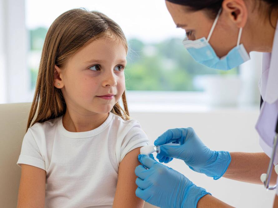 Νοσηλεύτρια με γάντια και μάσκα καθαρίζει το χέρι μικρού κοριτσιού πριν τον εμβολιασμό, σε ιατρικό περιβάλλον.