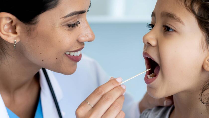 Λοιμώδης μονοπυρήνωση στα παιδιά: Τι πρέπει να ξέρουν οι γονείς; 1 Γιατρός εξετάζει το στόμα μικρού κοριτσιού με ξυλάκι σε παιδιατρικό ιατρείο, σε έλεγχο για λοιμώξεις.
