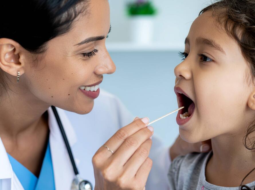 Λοιμώδης μονοπυρήνωση στα παιδιά: Τι πρέπει να ξέρουν οι γονείς; 1 Γιατρός εξετάζει το στόμα μικρού κοριτσιού με ξυλάκι σε παιδιατρικό ιατρείο, σε έλεγχο για λοιμώξεις.