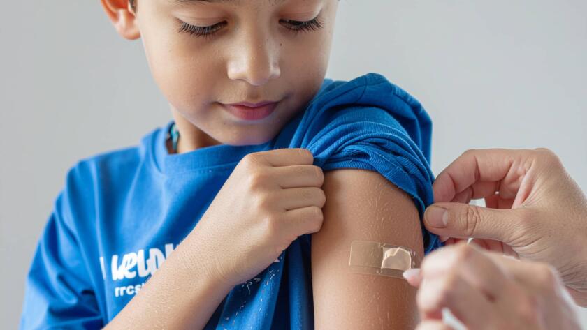 Αγόρι με μπλε μπλουζάκι σηκώνει το μανίκι για να του τοποθετηθεί αυτοκόλλητο στο χέρι μετά τον εμβολιασμό.