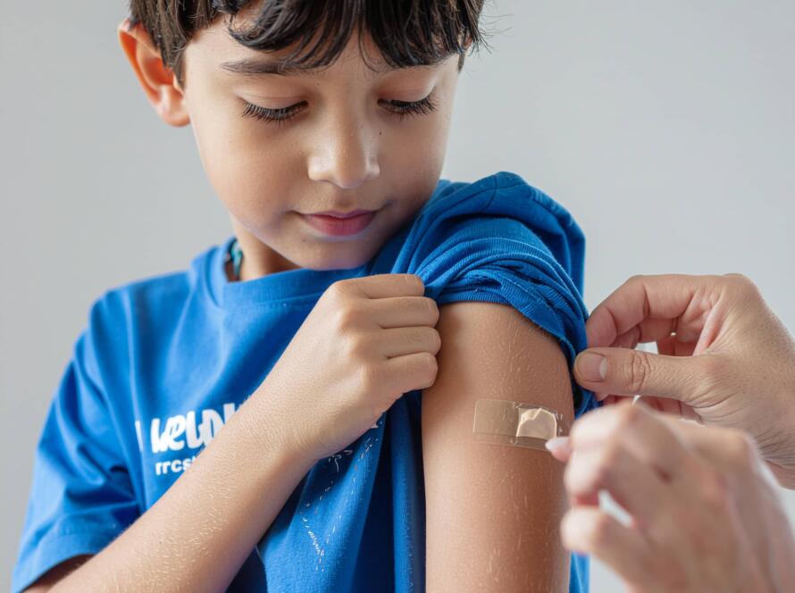 Αγόρι με μπλε μπλουζάκι σηκώνει το μανίκι για να του τοποθετηθεί αυτοκόλλητο στο χέρι μετά τον εμβολιασμό.