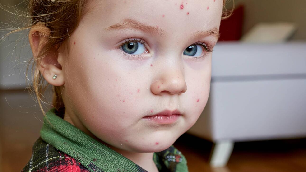Ιλαρά & εμβόλιο MMR: Όσα πρέπει να γνωρίζουν οι γονείς 4 Κοριτσάκι με εξανθήματα από ιλαρά στο πρόσωπο και το μέτωπο, γυρισμένο προς την κάμερα σε εσωτερικό χώρο.